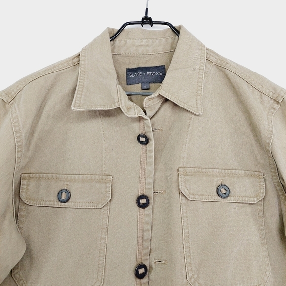 Slate & Stone Tan Brown Cream Button Up Chest Pockets Collared Cotton Jacket Z63 - Picture 3 of 8